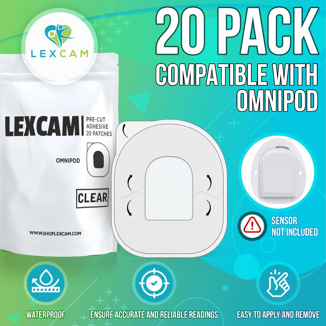 Lexcam Adhesive Patches for Omnipod – Bundle of 2 Packs (40 Patches Total) – Waterproof, Transparent, Skin-Friendly Overpatches