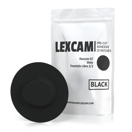 Lexcam Adhesive Patches pre-cut for Dexcom G7, Stelo, Libre 2|3, Lingo Color Black, (20)