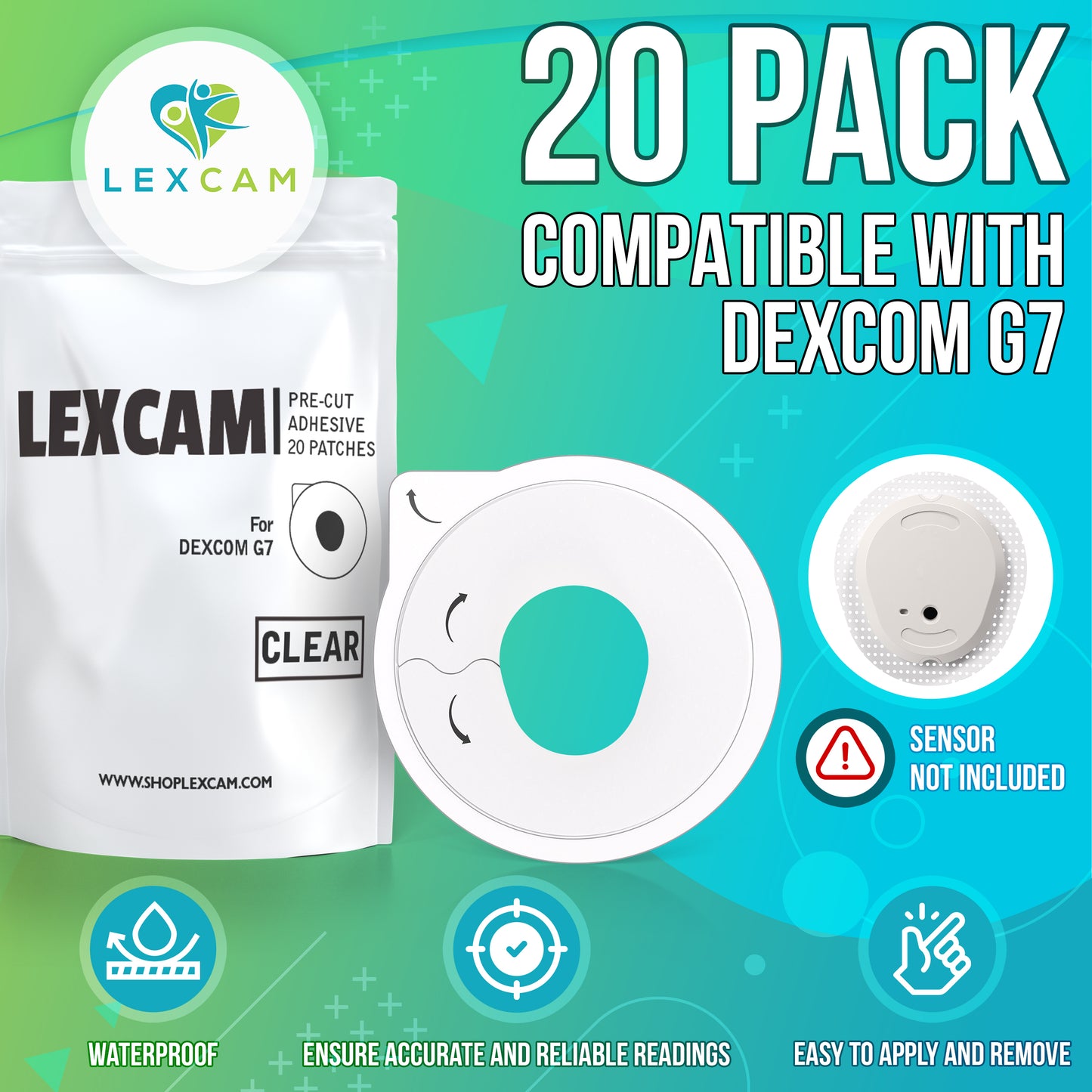 Lexcam Original - Dexcom G7 & Stelo Adhesive Patches - Clear - 20 count