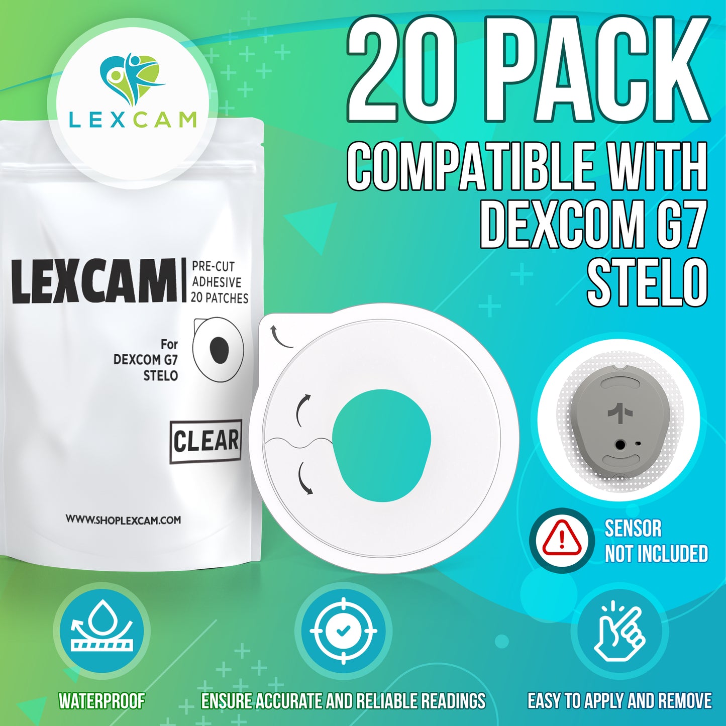 Lexcam Original - Dexcom G7 & Stelo Adhesive Patches - Clear - 20 count