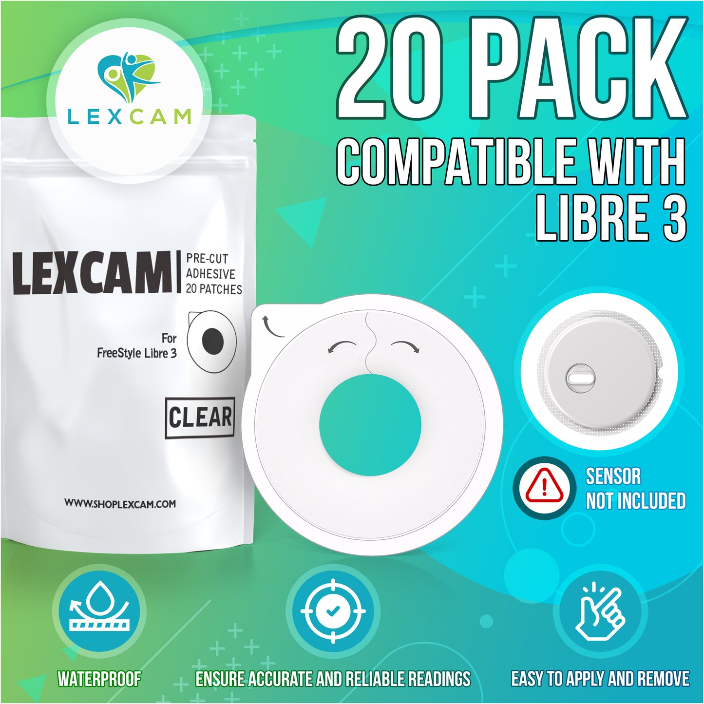 Lexcam Adhesive Patches Pre-Cut for FreeStyle Libre 3, (20)