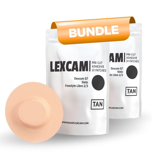 Lexcam Adhesive Patches pre-cut for Dexcom G7, Stelo, Libre 2|3, Lingo Color Tan – Bundle of 2 Packs (40 Patches Total)