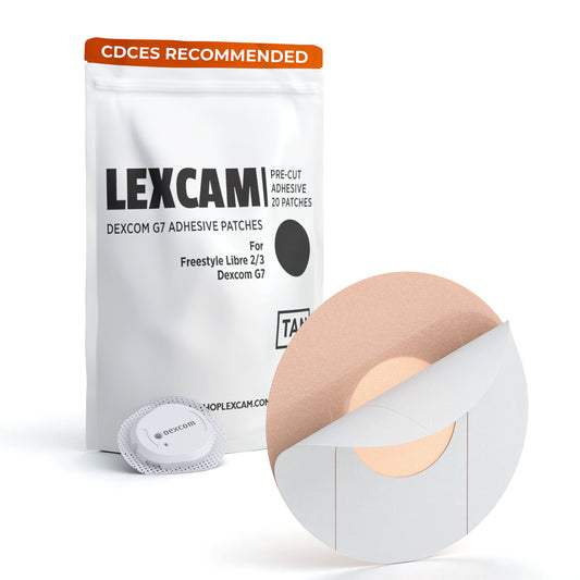 Lexcam Adhesive Patches pre-cut for Dexcom G7, Stelo, Libre 2|3, Lingo Color Tan, (20)