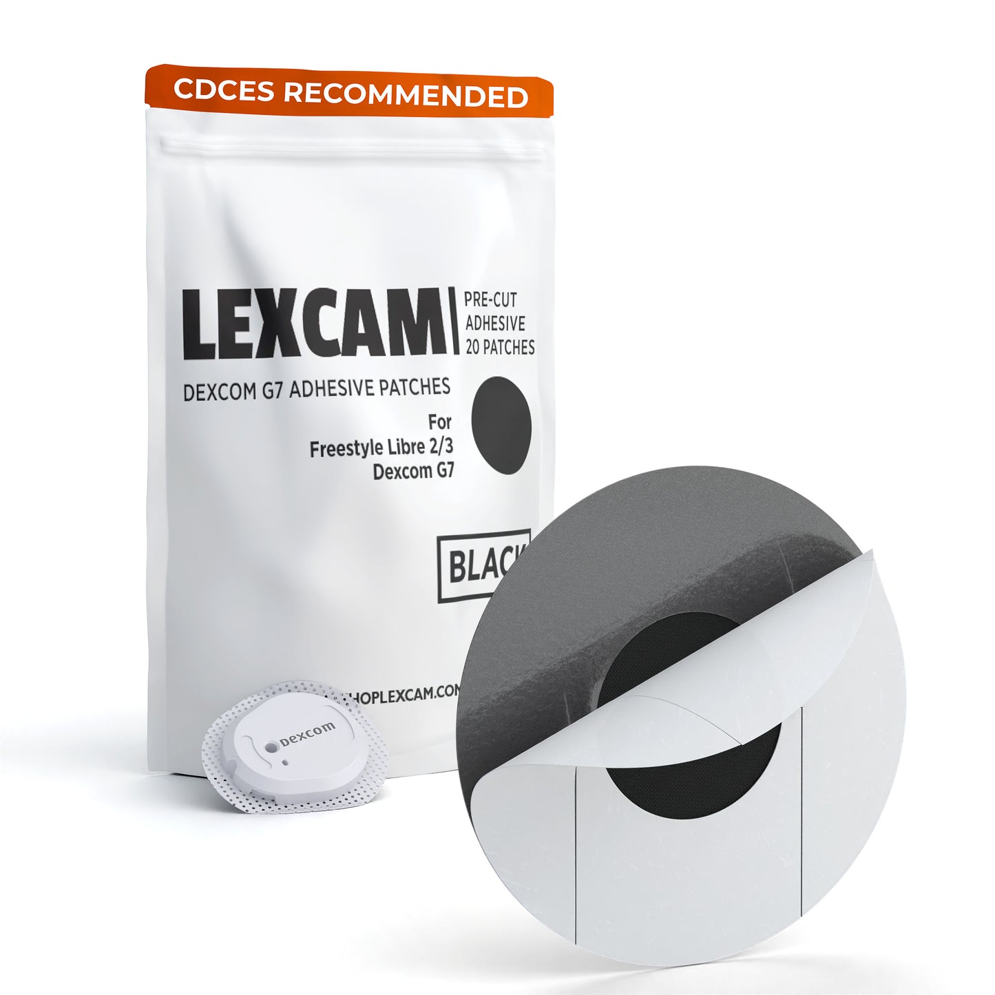 Lexcam Adhesive Patches pre-cut for Dexcom G7, Stelo, Libre 2|3, Lingo Color Black, (20)