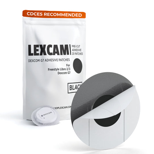 Lexcam Adhesive Patches pre-cut for Dexcom G7, Stelo, Libre 2|3, Lingo Color Black, (20)