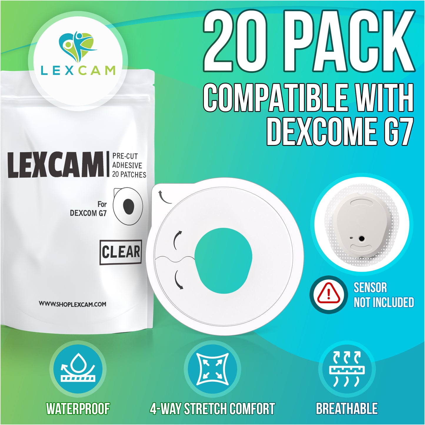 Lexcam Adhesive Patches Pre-Cut for Dexcom G7, (20).