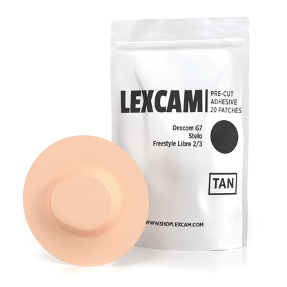 Lexcam Adhesive Patches pre-cut for Dexcom G7, Stelo, Libre 2|3, Lingo Color Tan, (20)